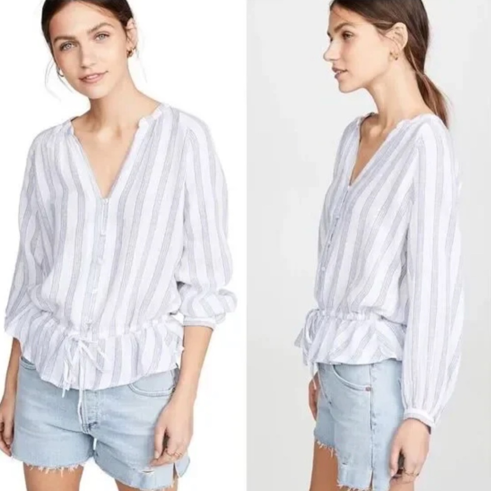 Rails Marti Cayman Stripe Linen Blouse V Neck Tie Waist Top Womens Size Small
